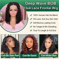 Perruque Bob à ondulations profondes en cheveux humains, perruques Lace Front pour femmes noires, perruques en cheveux humains avec dentelle invisible, densité 200, 13x4 # 1B Noir naturel 3