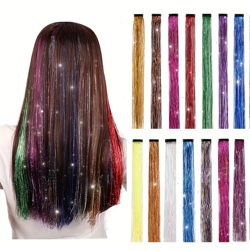 5PCS Long Straight rainbow Clip In Hair Extensions Tinsel Shiny Synthetic Hairpieces wigs halloween cosplay party Y2K girls Hair