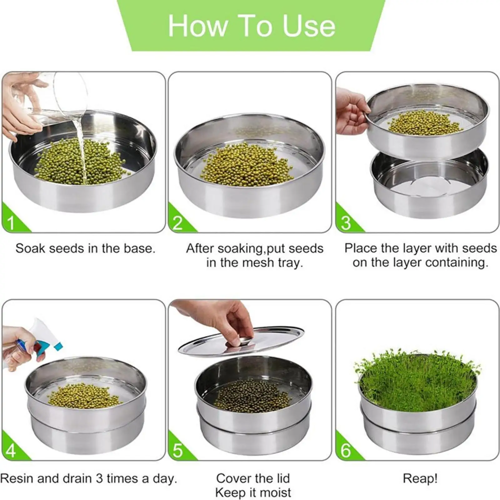 8.5inch stainless steel seed sprouting kit stackable round sprouting tray sprout maker growing tray for broccoli beans alfalfa sprouting jars kit