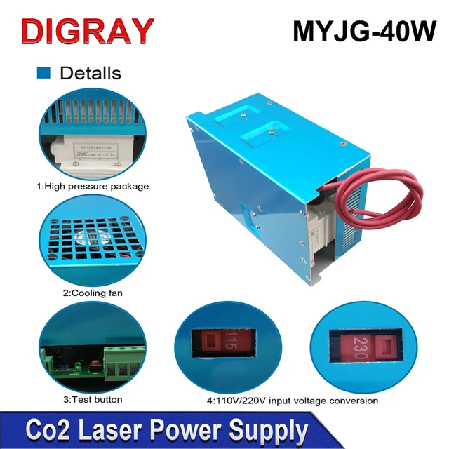 DIGRAY MYJG- 40W CO2 Laser Power Supply 110V/220V For 30W 40W K40 Engraving Cutting Machine Suitable Length 50X700mm Laser Tube 6