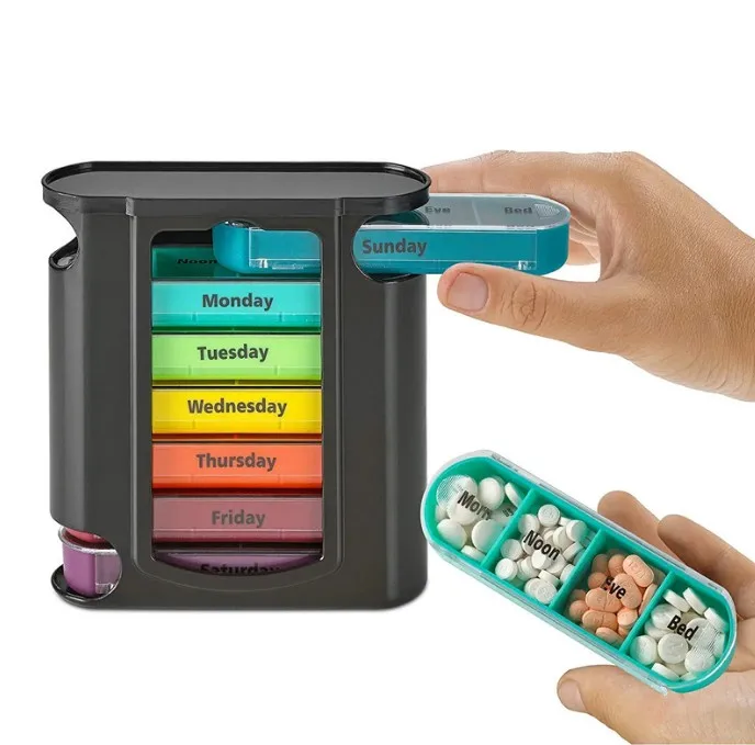 Stackable Weekly Pill Organizer with Four Daily Compartments: Morning, Noon, Evening, and Night