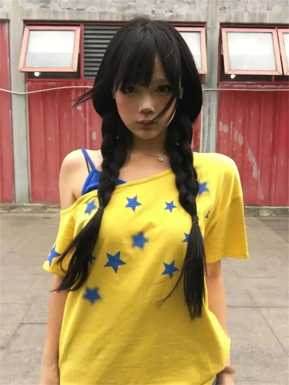 Fashion Yellow Patchwork Women's T-shirt Short Sleeve Summer Tops American Retro Skew Collar Graphic Tee 2000s Clothes Y2k 1