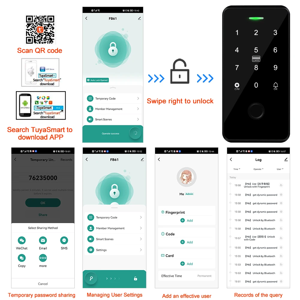 NFC 블루투스 Tuya 앱 액세스 제어 키패드, 방수 RFID 키보드, 생체 지문 터치 백라이트 문짝 오프너, 13.56MHz