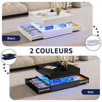 Table basse haute brillance avec LED, table de salon rectangulaire moderne avec 2 tiroirs, table à café avec rangement, coffee table pour salonn, chambre à coucher, blanc/noir 5