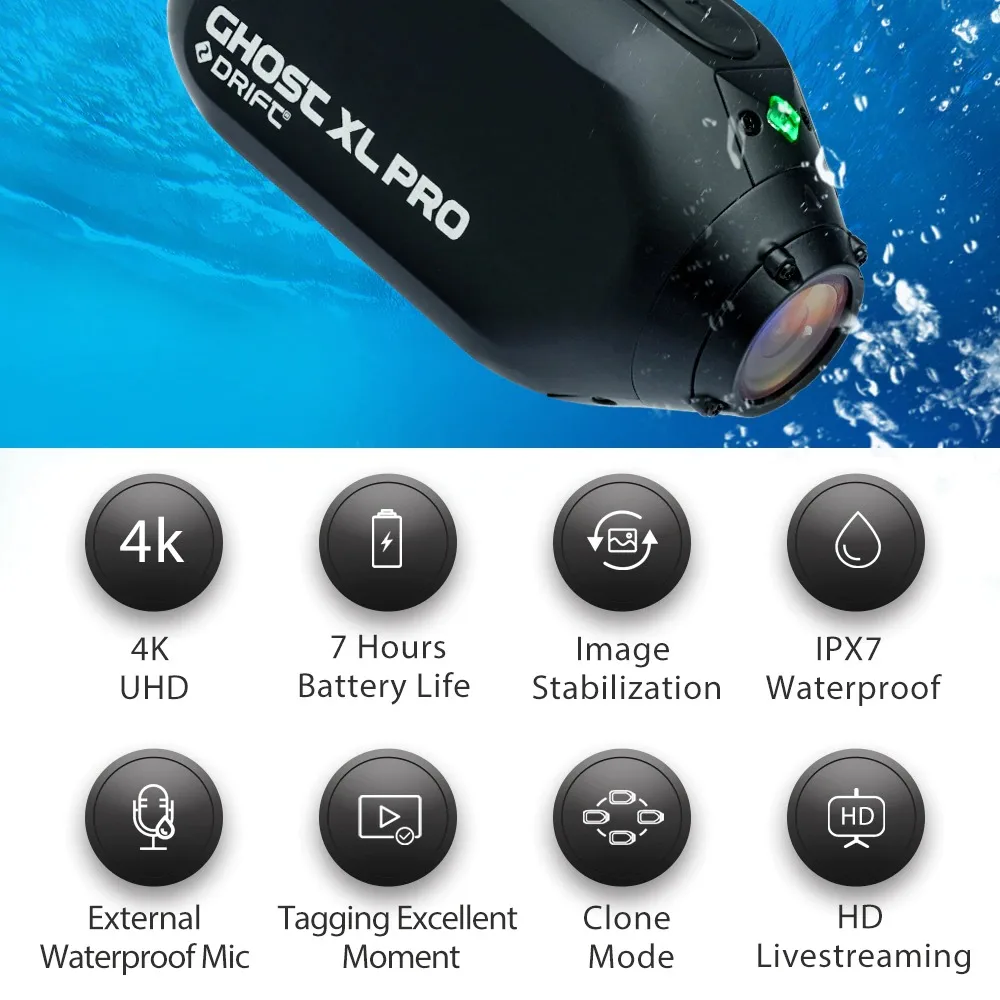 Drift Ghost XL Pro 4K + HD 스포츠 액션 비디오 카메라, 3000mAh IPX7 방수 와이파이 헬멧 카메라, 오토바이 자전거 헤드 캠