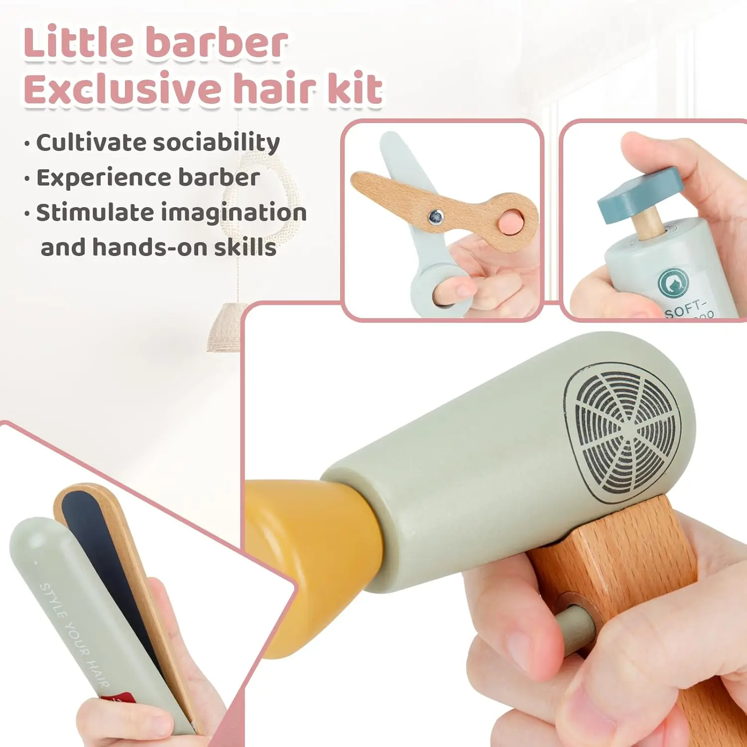Toddlers Pretend Play Toy Montessori Makeup Toy Set Wooden Barber Playset Kids Hair Salon Playset Role-Play Game Girls Boys Gift makeup toy