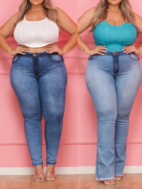 Kit 2 Calças Jeans Plus Size Feminina Skinny e Flare Modelo Premium