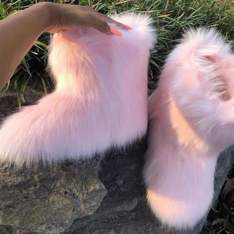 

Women's Winter Fluffy Faux Fox Fur Boots Woman Plush Warm Snow Boots Luxury Footwear Girls' Furry Fur Bottes Fashion Winter Shoe