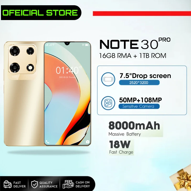 

2024 NEW Original Note 30 Pro Smartphone Qualcomm8 Gen 2 16G+1TB 8000mAh 50+108MP 4G/5G Network Cellphone Android Mobile Phone