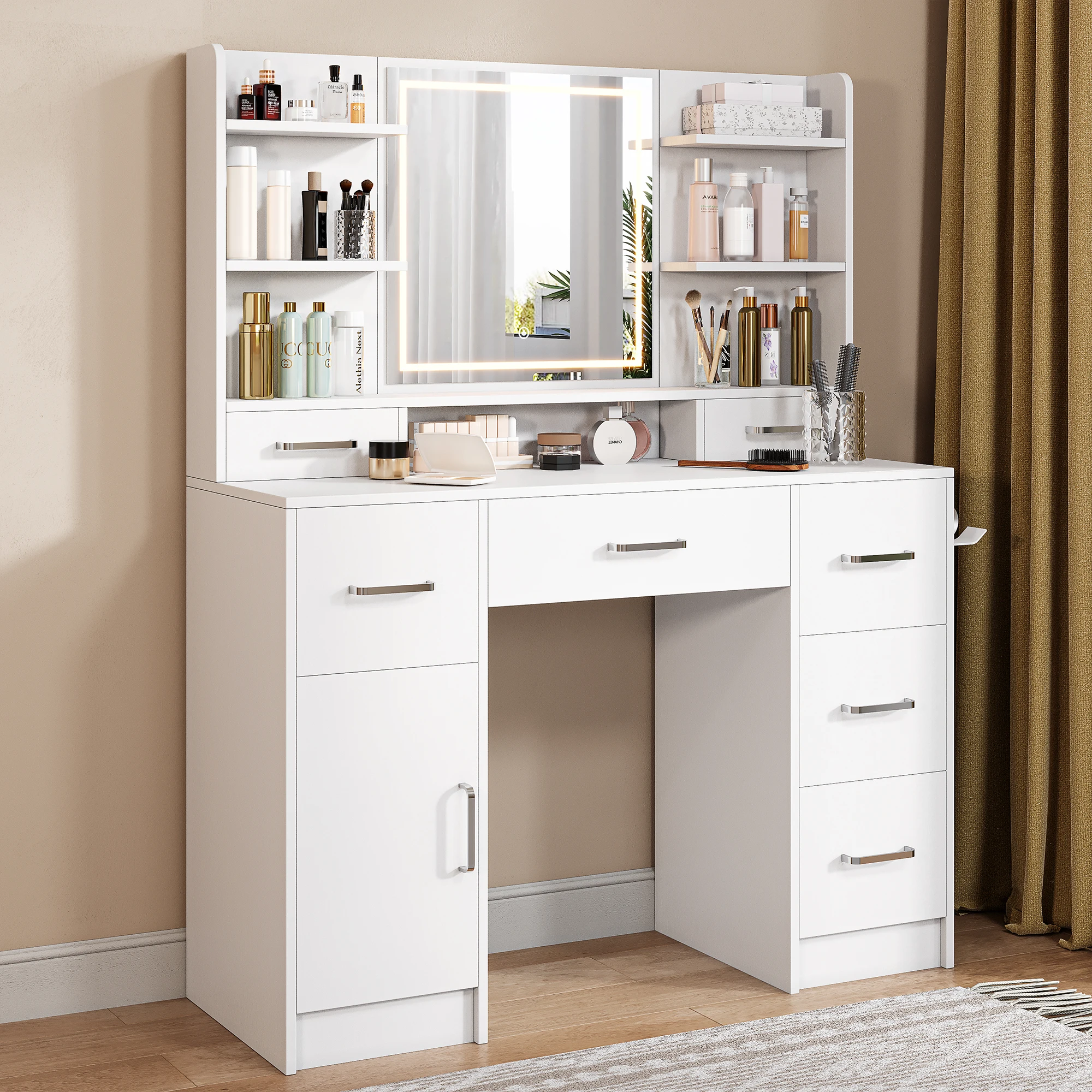 WoodenAura Toeletta con illuminazione e porta di ricarica, 7 cassetti, specchio e porta asciugacapelli, bianca.