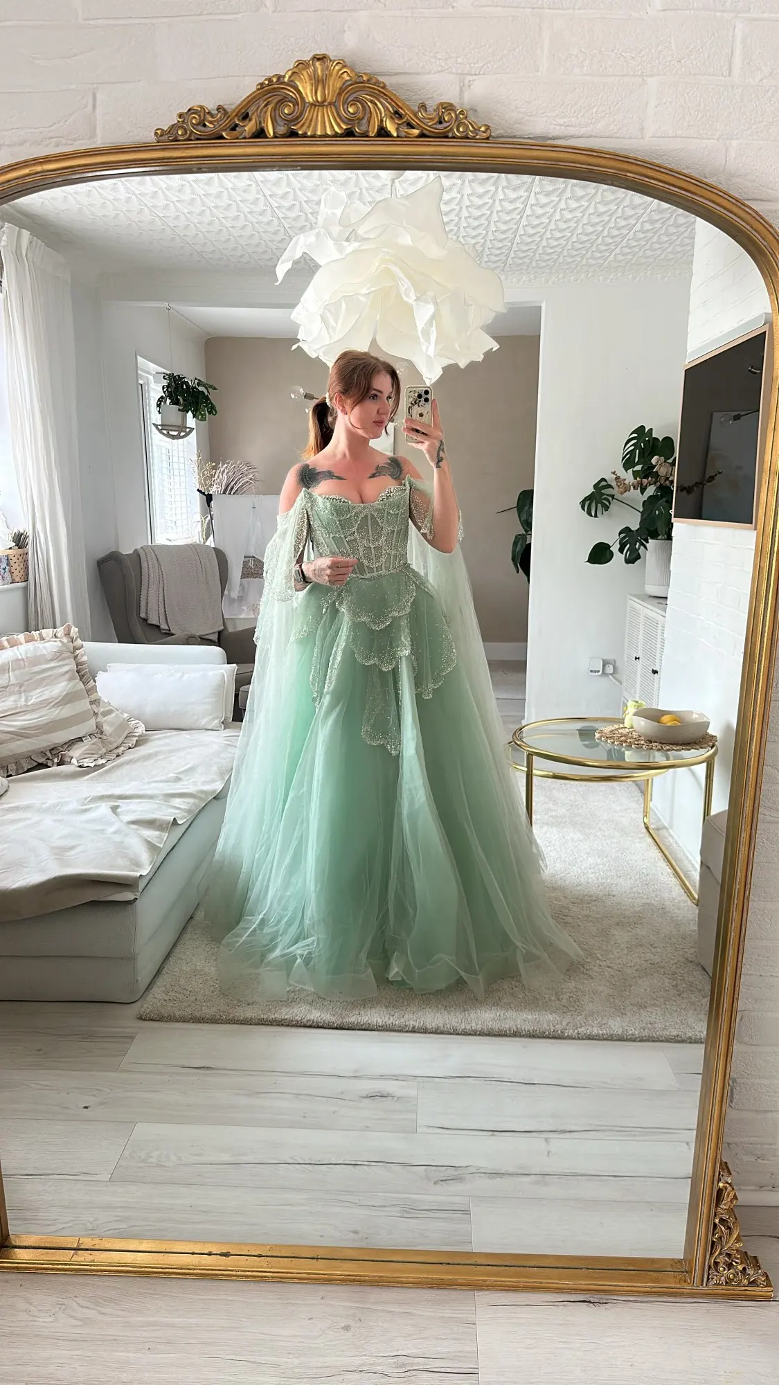 Sharon Said Elegant Off-Shoulder Sage Green Evening Dress with Cape Sleeves photo review