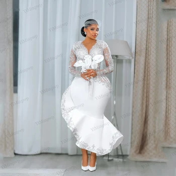 Abiti da sposa a sirena 2026 per donna, a maniche lunghe, con strass, lunghezza al ginocchio, stile Aso Ebi, per ricevimento nuziale, personalizzabili