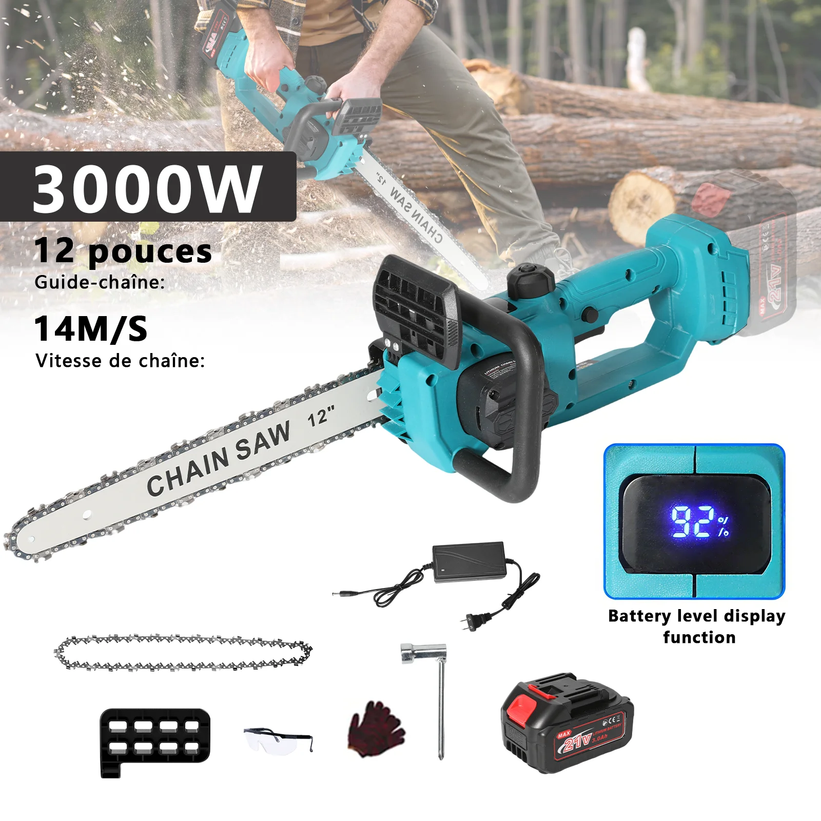 12-Zoll Bürstenlose Digitale Kettensäge, 3000W Tragbare Wiederaufladbare Akku-Säge für Holzfällen & Beschneiden, All-in-One-Werkzeug – Detail 1