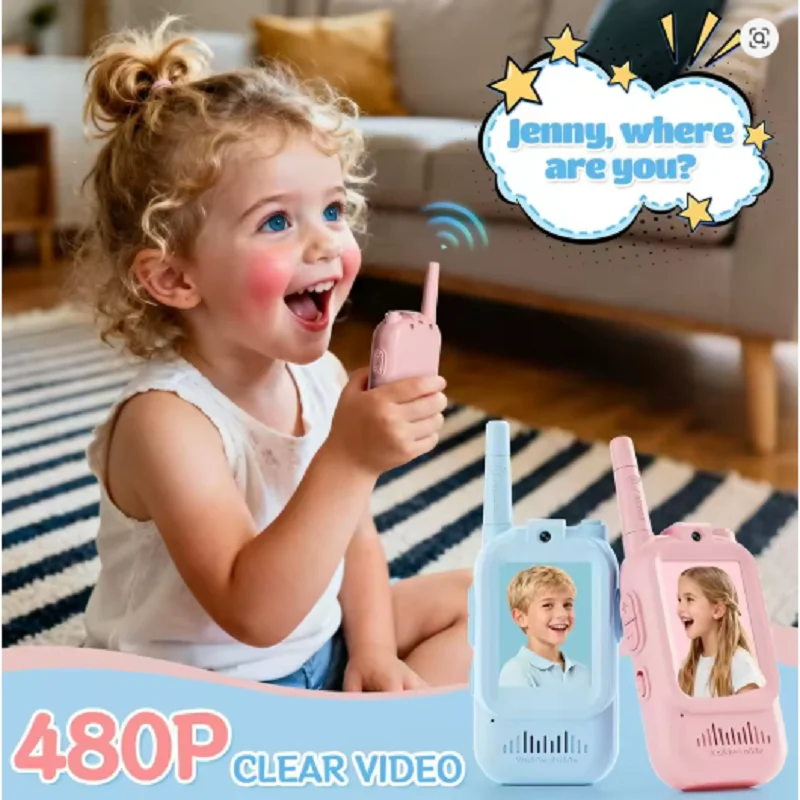 2팩 어린이 비디오 워키토키 HD 통화 푸시 투 톡 장난감 생일 선물 야외 캠핑 여행 어린이 부모 소통용