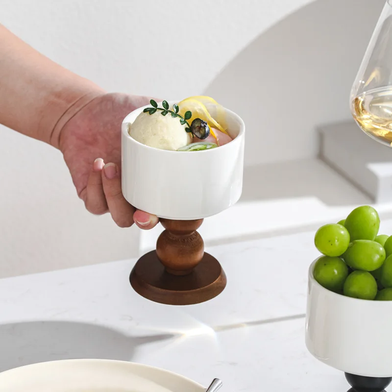 French Vintage Dessert Ice Cream Ceramic Goblet High-legged Retro Wooden Handle Tea Fruit Saucer Pudding Cup Candle Holder