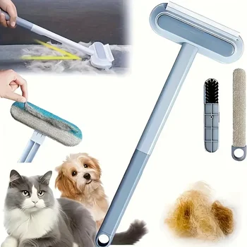 4-in-1 long handled pet hair removal brush with adjustable length, washable, reusable cat and dog hair remover