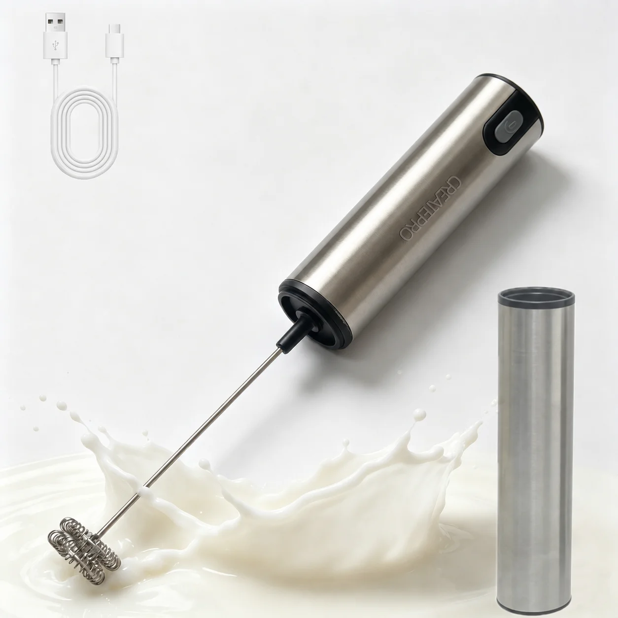 Stainless Steel USB Rechargeable Handheld Milk Frother with Storage Lid