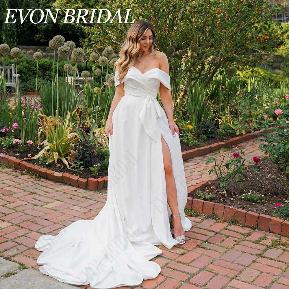 

EVON BRIDAL Свадебное платье с открытымиКлассические свадебные платья EVON с открытыми плечами, женское атласное платье невесты с V-образным вырезом и Боковым Разрезом, ТРАПЕЦИЕВИДНОЕ свадебное платье, свадебные платья