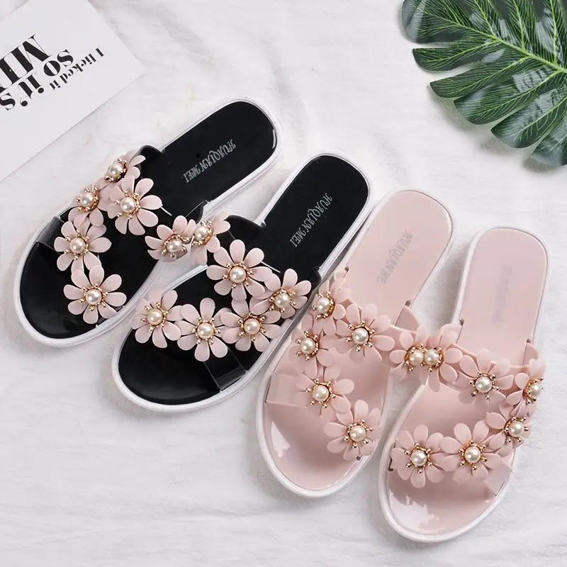 

Women Bathroom Slippers Free Shipping Flat Home Sandals Flower Beads For Female Solid Color Pearl Beach Platform Slides