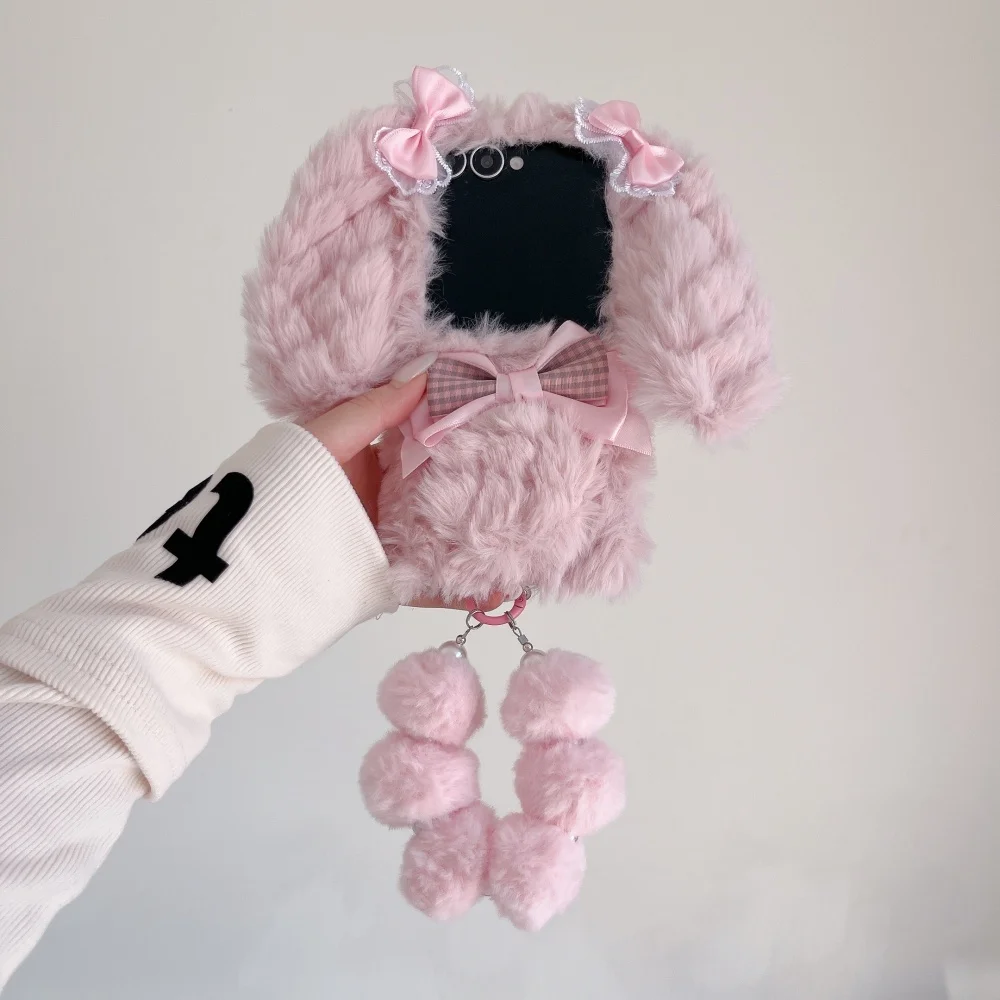 Chic Plush Plaid Bow Bunny Phone Case - Fashionable Shockproof Protection