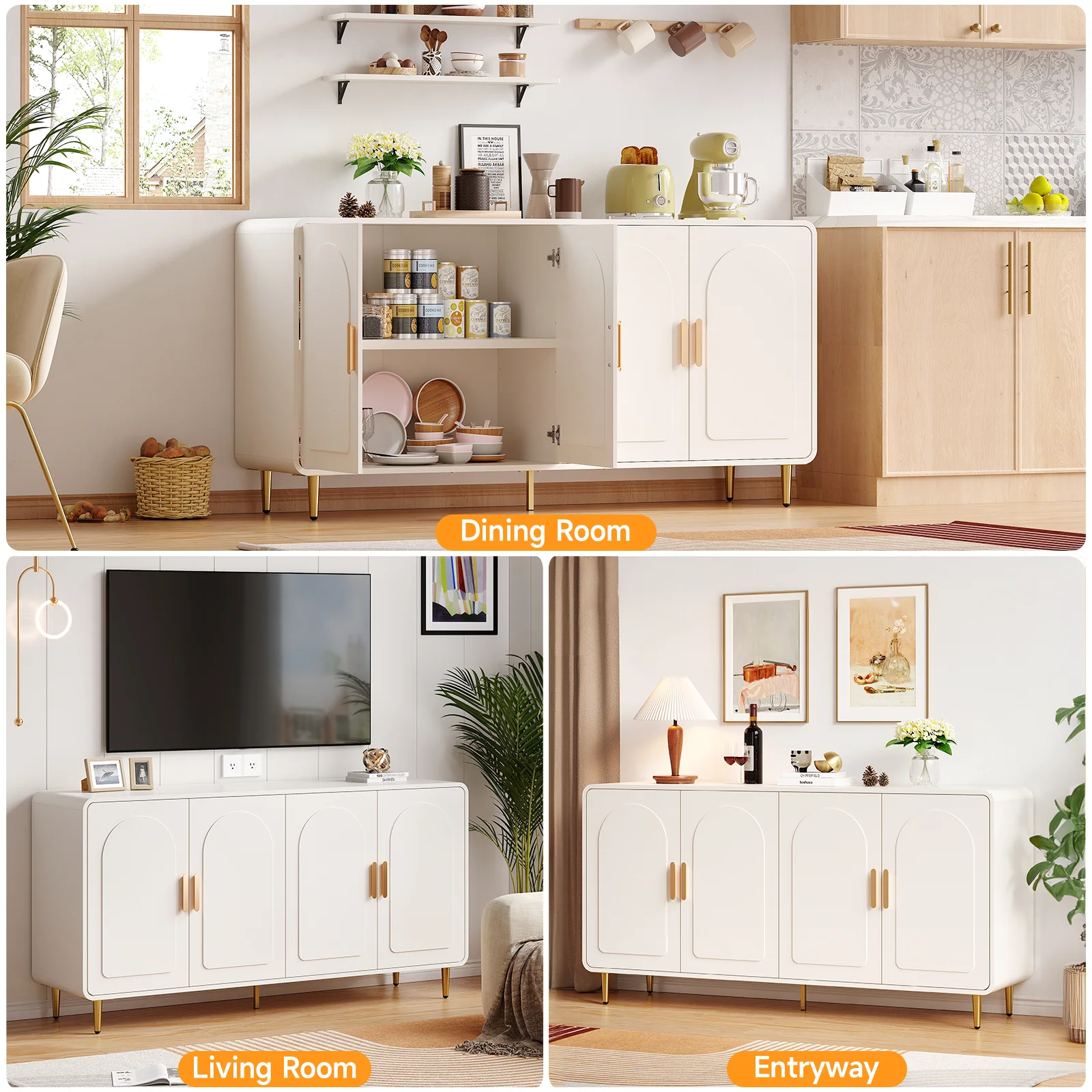 60" Sideboard Buffet Cabinet with Storage, Curved Design Cabinet with 4 Doors & Adjustable Shelves Modern Console Table 6
