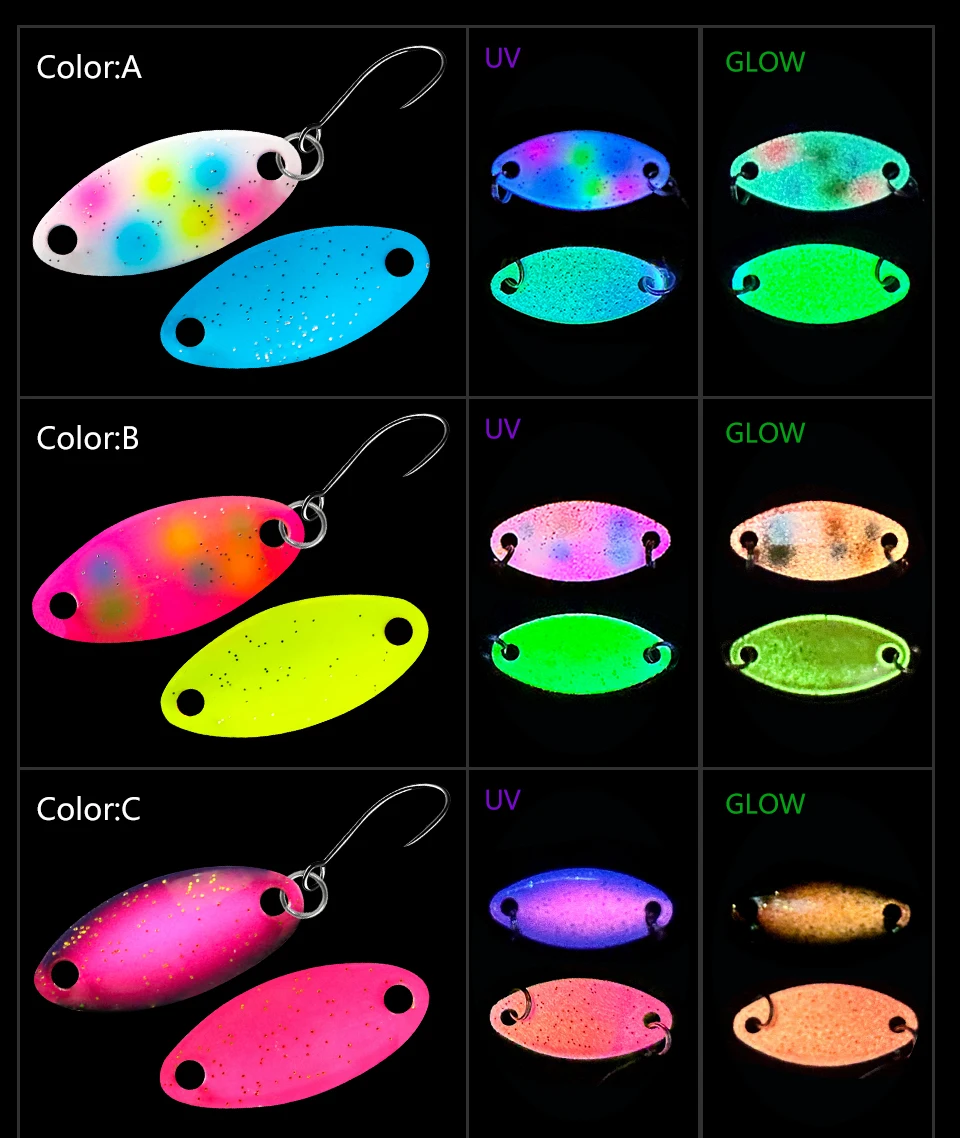 LETOYO 1,1/1,6/2,5g Mini Löffel Köder Glow UV Köder Künstliche Köder Harter Köder Barsch köder Löffel Angeln Köder Bereich Forelle Schwanz spinner – Detail 7