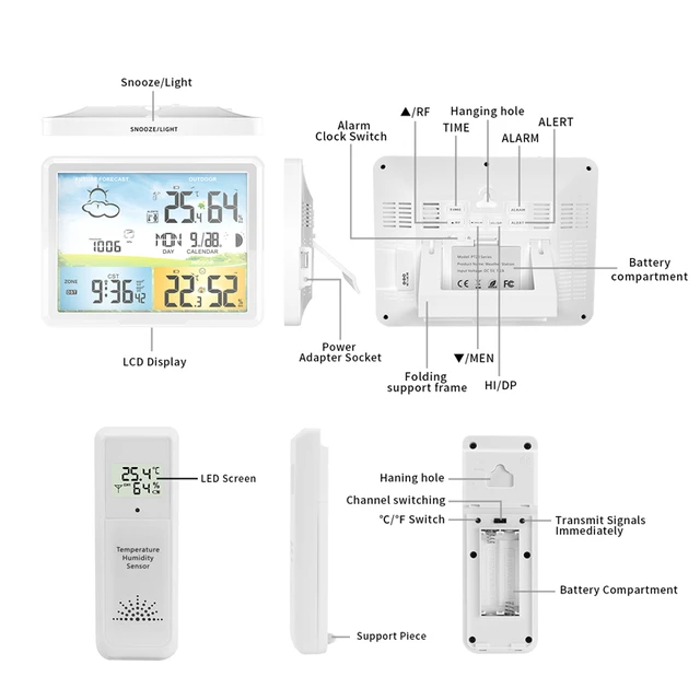 Multifunction Weather Station 2 Sensor Wireless Digital Thermometer Hygrometer Forecast Calendars Moon Phase Snooze Alarm Clock - Image 6