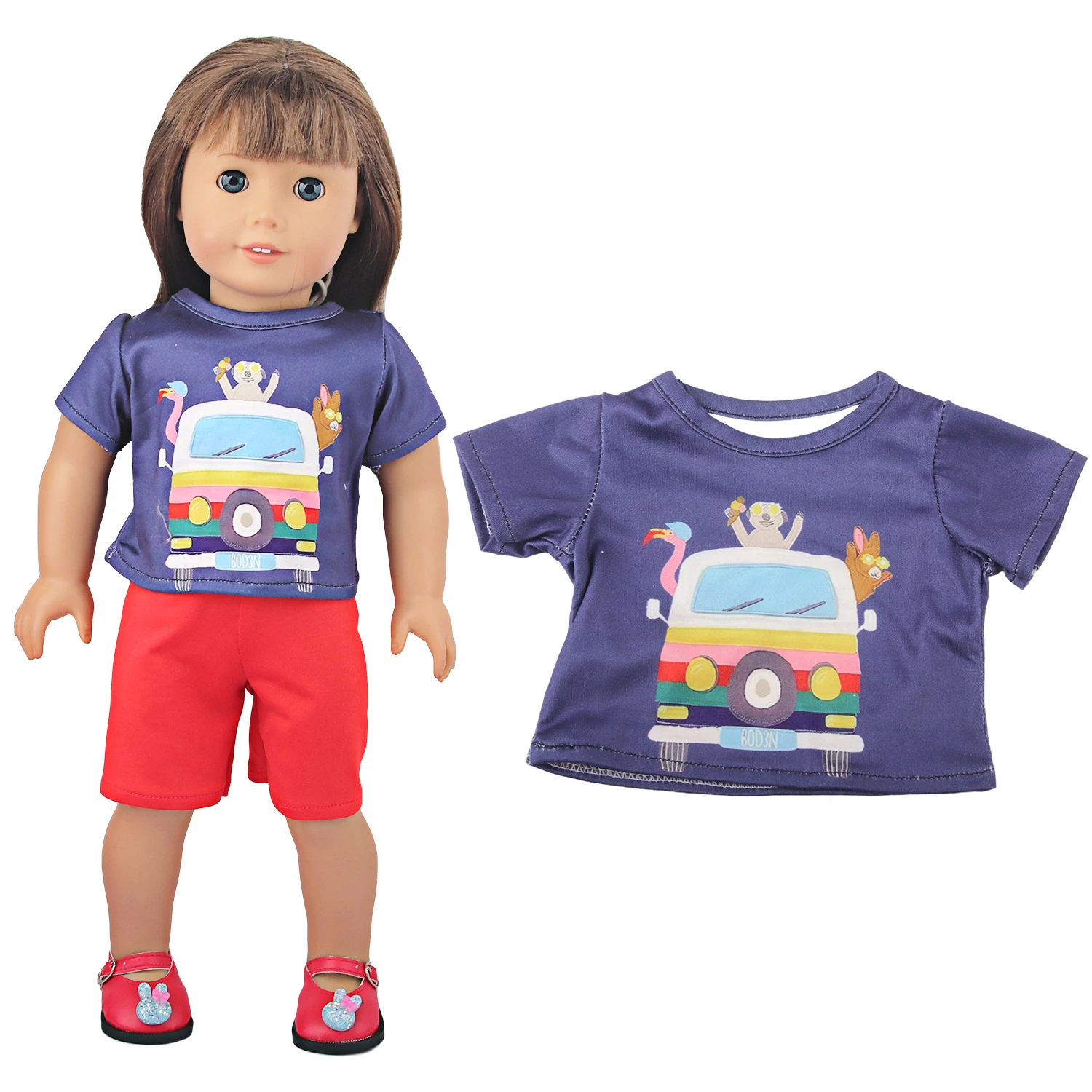 Cotton Short -sleeved T-shirt For American 18 inch Girl Doll Rainbow, Car, Cat, Little Girl Shirt For 43cm New Born&OG Doll Toy