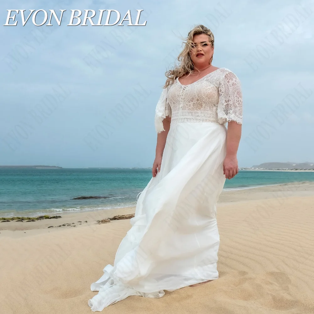 

Evon Bridal Пляжное свадебное платье с увеличенными рукавами V воротник A Женское свадебное платье EVON, шифоновое платье трапециевидной формы с полурукавами и V-образным вырезом, классическое кружевное платье невесты,