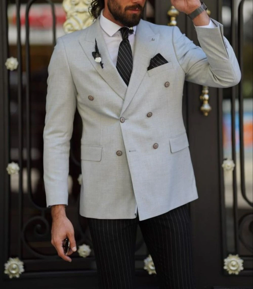 Modest Peak Lapel Slim Fit Men's Suits Grey 2 Pieces Solid Color Wedding Suit main image 0