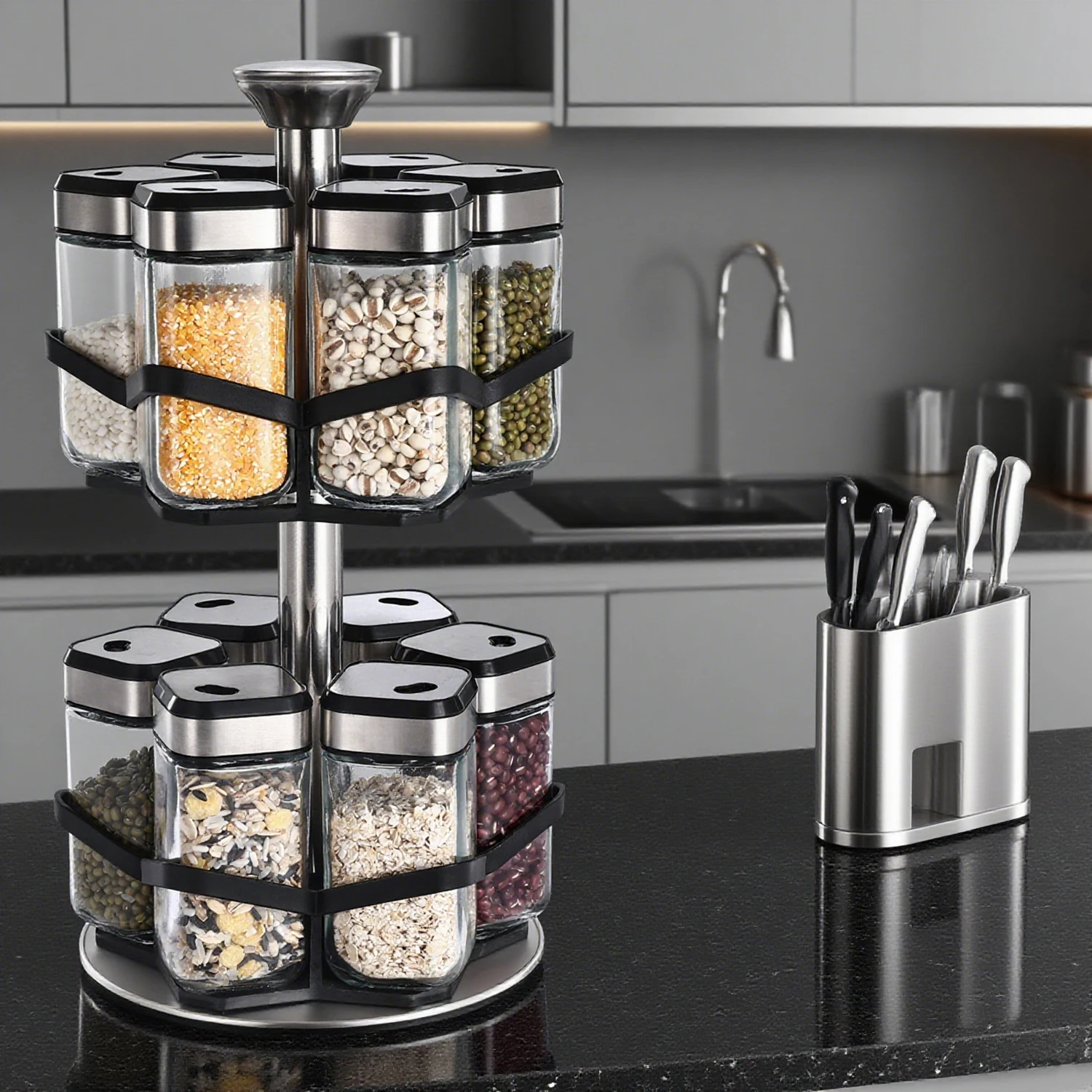 SAEIV Two-tier condiment rack with twelve 120ml condiment jars, featuring a 360° rotating condiment turntable for kitchen storage. – Detail 9
