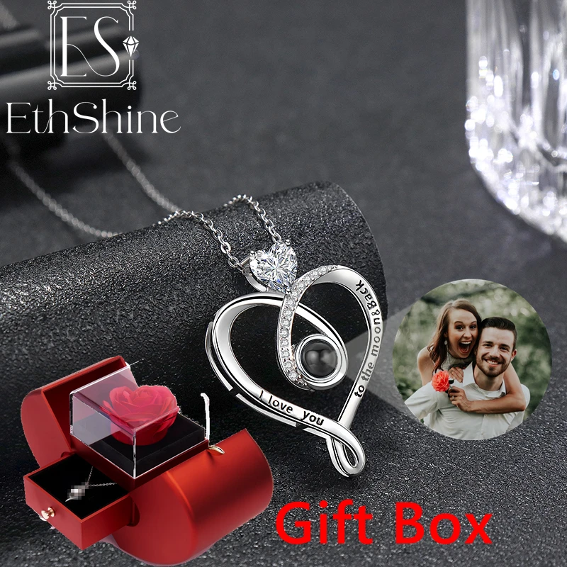 

EthShine 925 Sterling Silver Projection Necklace for Women Custom Photo Necklace Love Heart Pendant Memorial Mother's Day Gifts