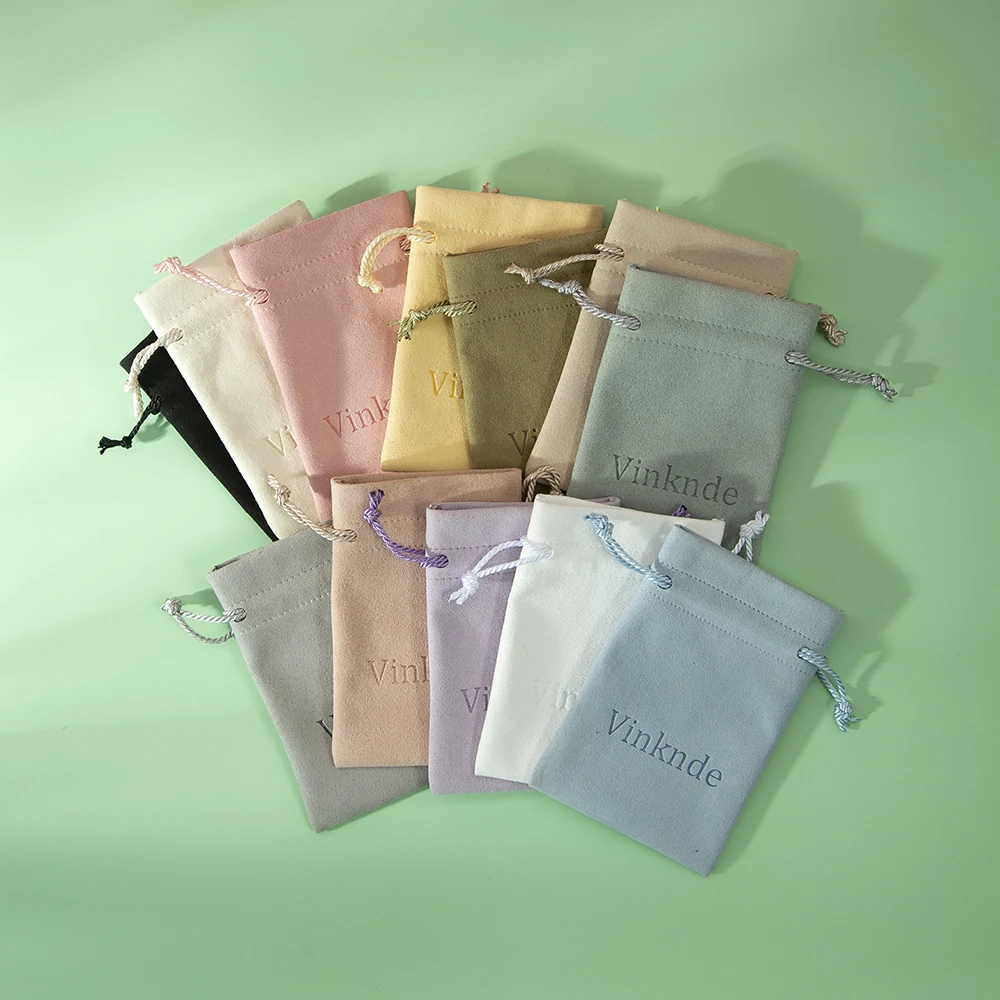 100pcs Custom Logo Pink Microfiber Jewelry Organizer Small Gift Bags Wedding Favor Drawstring Packaging Storage Candy Goodie Bag