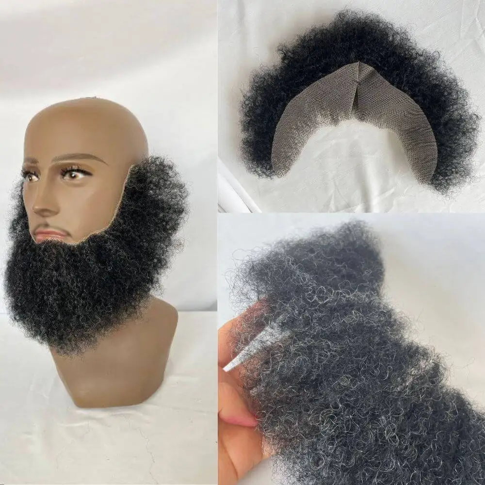 Pwigs 1B20 Color Human Hair Afro Curl Face Beard Mustache For
