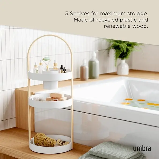 White/natural cosmetic organizer. Compact 50x19x19cm size. Sleek and functional for vanity storage. 5