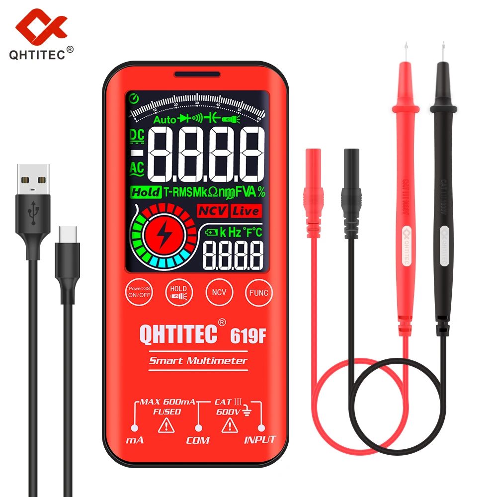 

QHTITEC Digital Multimeter Electrician Professional Tester USB Charge T-RMS DC AC Volt Capacitance Ohm NCV Electric Multitester
