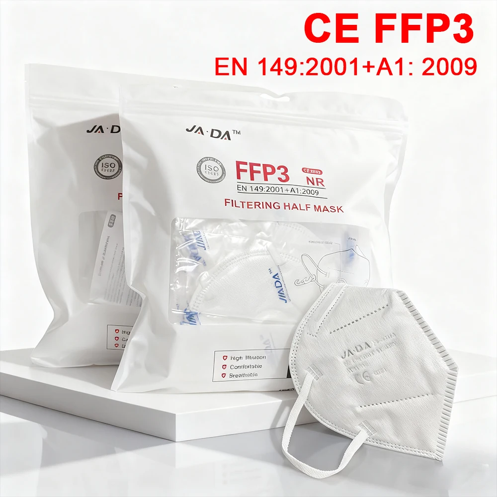 Paquet de 50 masques FFP3 CE avec étiquette CE visible, protection respiratoire adulte 7 couches