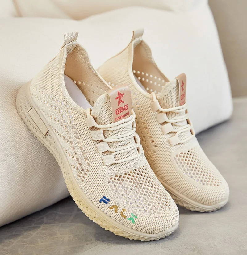 Slip-On Women Vulcanized Shoes Breathable Lace Up Sport Sneakers Anti-Slip Mesh Flats Shoes Soft Sole Running Shoes Size 35-40