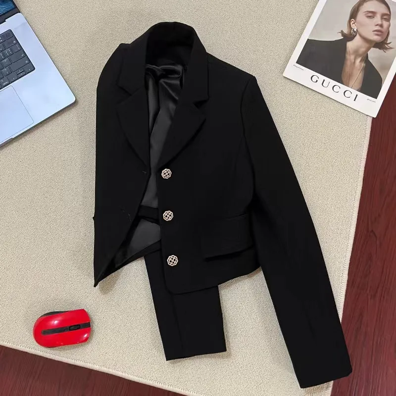 Elegant Fashion Blazer 2024 For Women Suit Solid Buttons Black Short Party Club Summer