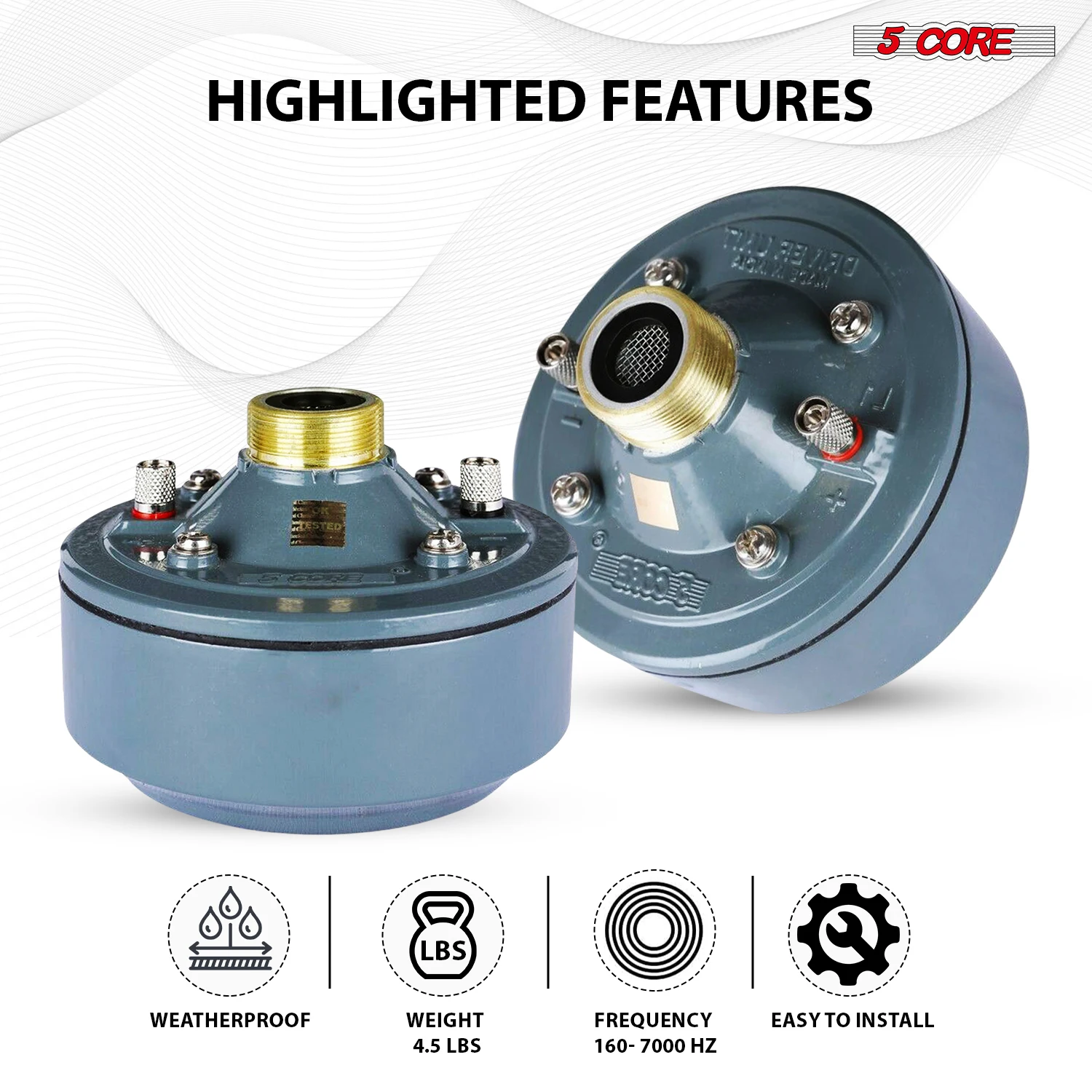 5 Core Compression Driver 2" Horn Tweeter 600W Titanium Diaphragm 16 Ohms 18 TPI All Weather Use 4
