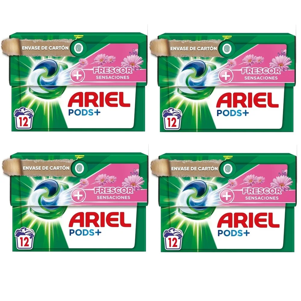 Ariel Sensaciones Todo En Uno 12 Capsulas, Pack 4x12 Total 48 Lavados De Detergente Líquido, Jabon Limpieza Ropa Con Extra Frescor