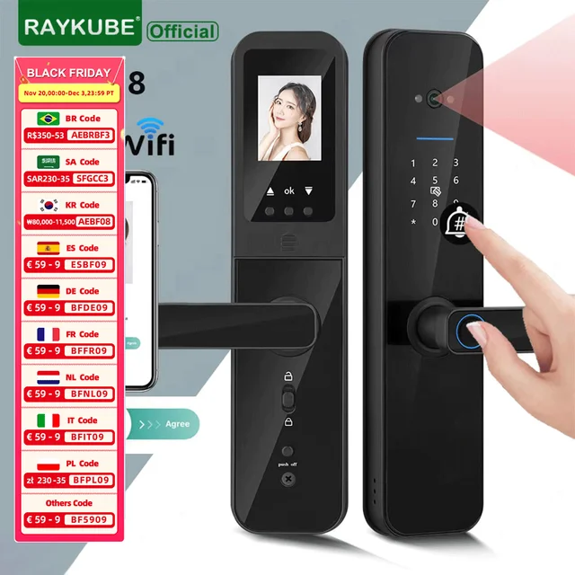RAYKUBE F008 Tuya Wifi peephole HD กล้องลายนิ้วมือดิจิตอลสมาร์ทประตูล็อค Doorbell ในตัว Gateway APP ปลดล็อคระยะไกล 1