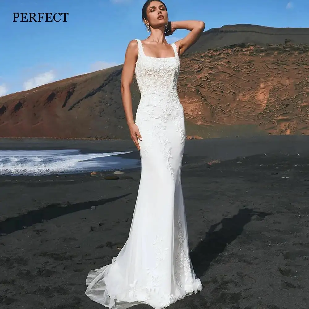 

PERFECT Mermaid Square Collar Wedding Dresses For Women 2022 Lace Appliques Open Back Bridal Gowns Sleeveless Robe De Mariée