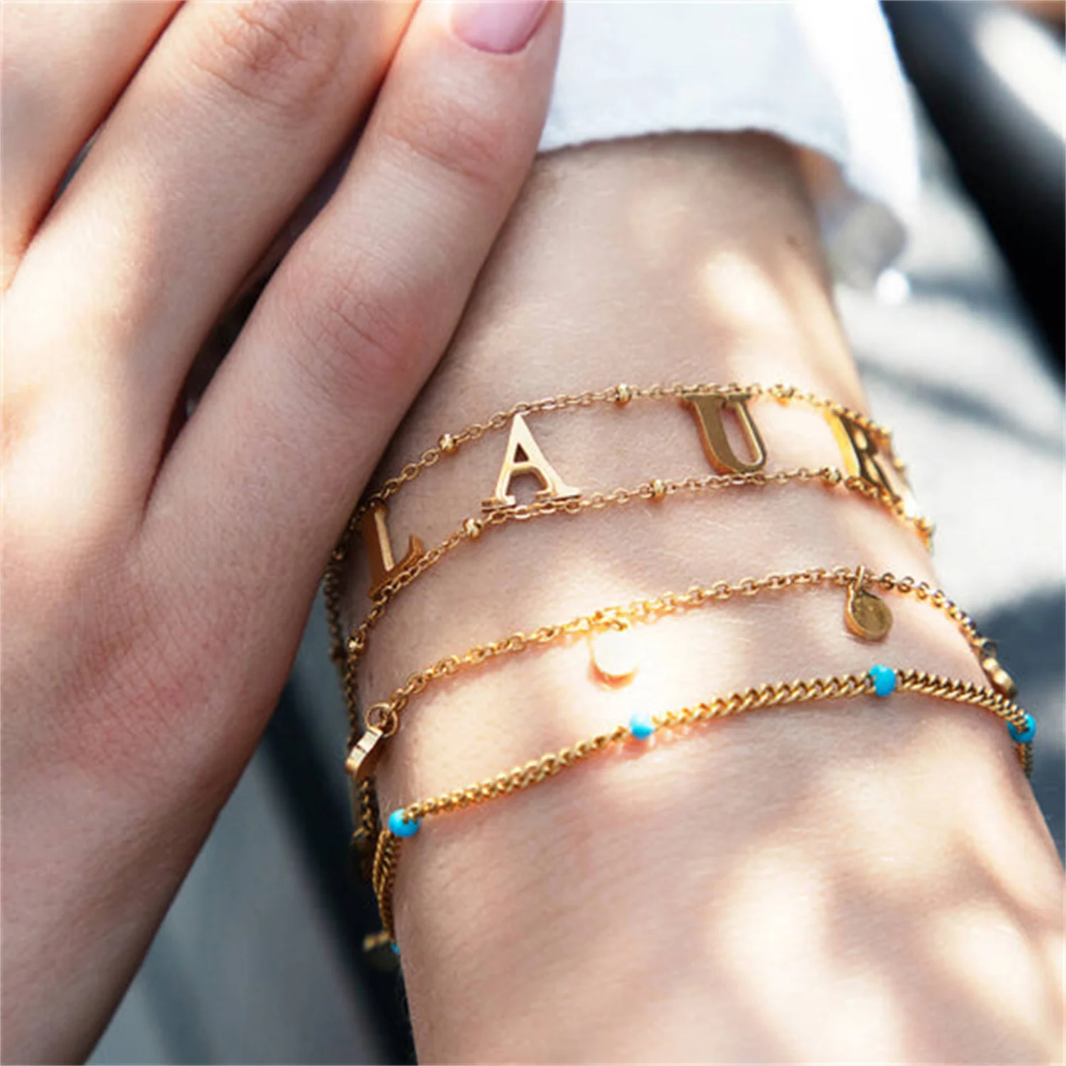 Custom Name Bracelet Double Chain Personalized Separate Initial