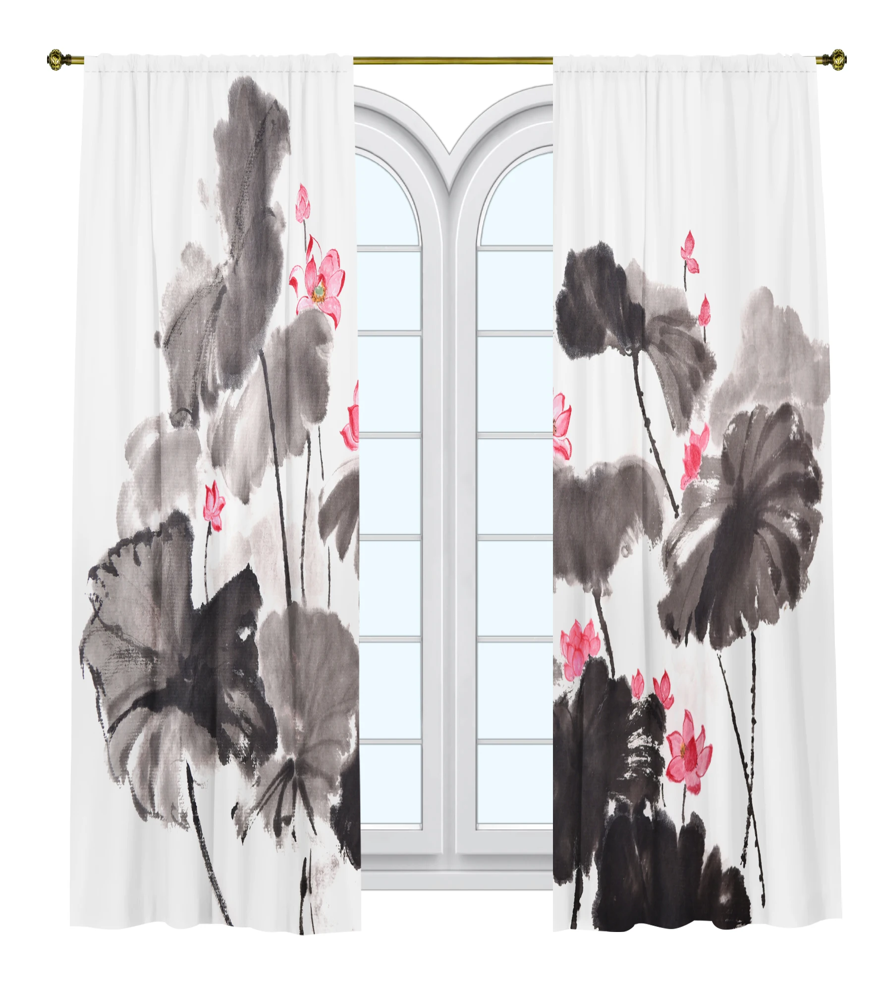 

Nature Scenery Printed Curtain / Bedroom Dining Room Living Room Covers Set of 2 Panels - Watercolor Drawing Lotus Flower Decor