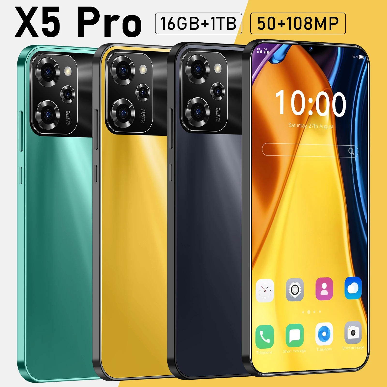 7.0 HD 스크린 스마트폰, X5 프로, 16G + 1T, 5G, 듀얼 심 셀룰라, 안드로이드 잠금 해제, 108MP, 7000mAh 휴대폰, 2024 신제품