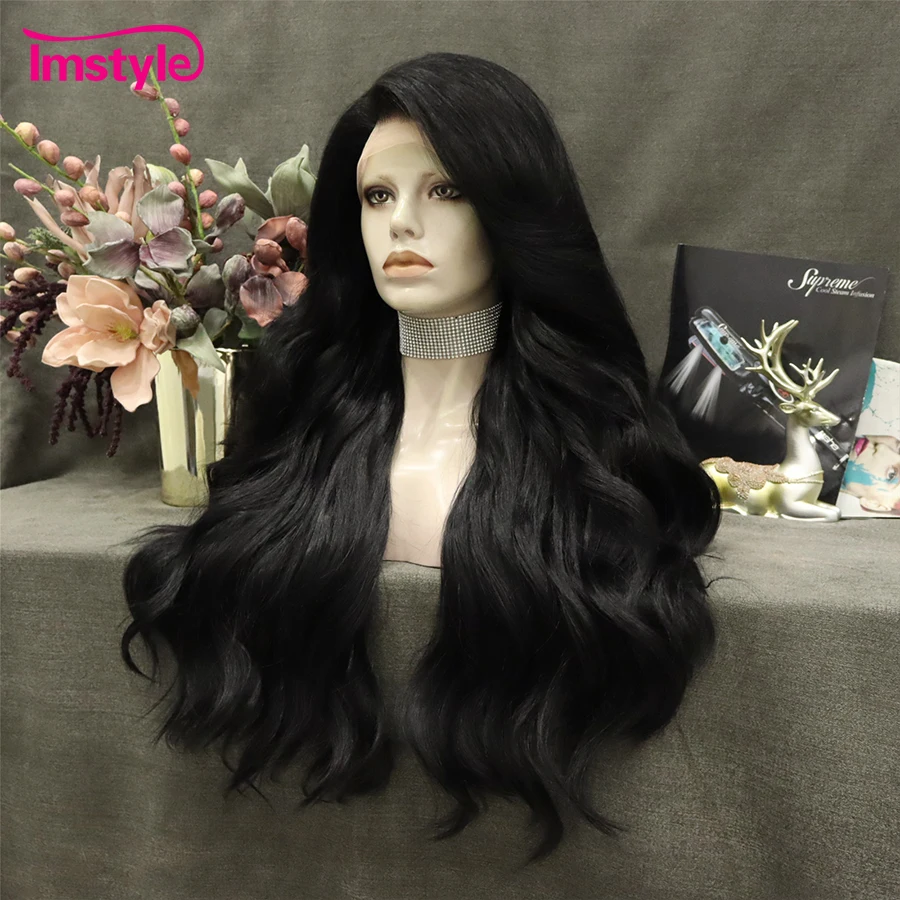 Jet Black Wigs Synthetic Lace Front Wig Heat Resistant Fiber Natural Wavy Long Wig Cosplay Daily Wigs