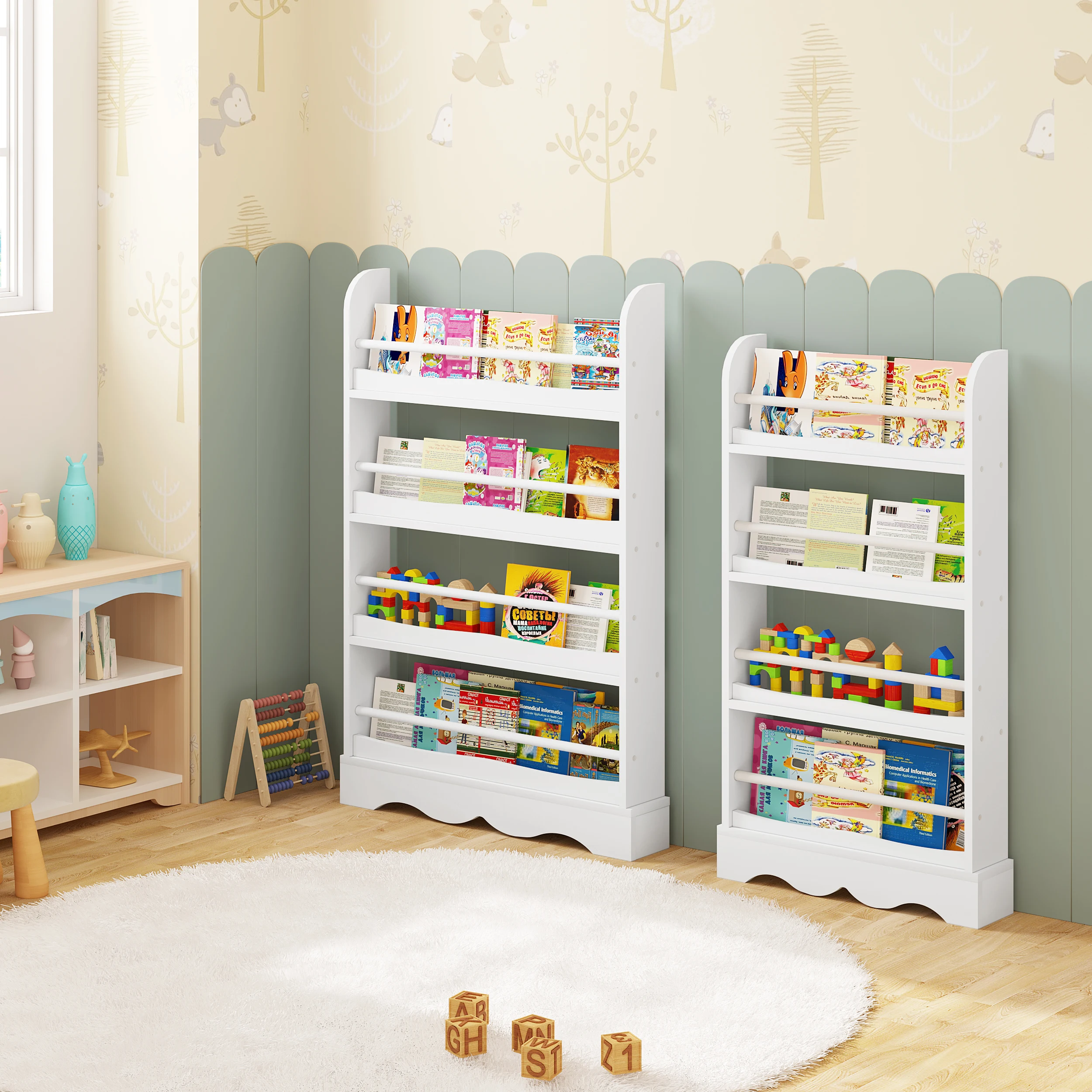 Estantería blanca de 4 niveles para niños, unidad de almacenamiento de  juguetes con Estantes abiertos, pared de madera, Montessori, para sala de  juegos