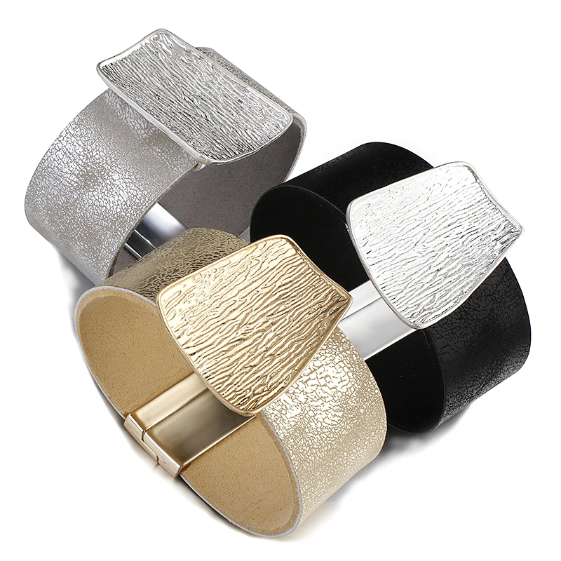 Amorcome Champagne Gold Color Metal Charm Genuine Leather Bracelet for Women Femme Fashion Wide Wrap Bracelets Bangles Jewelry bracelet jewelry