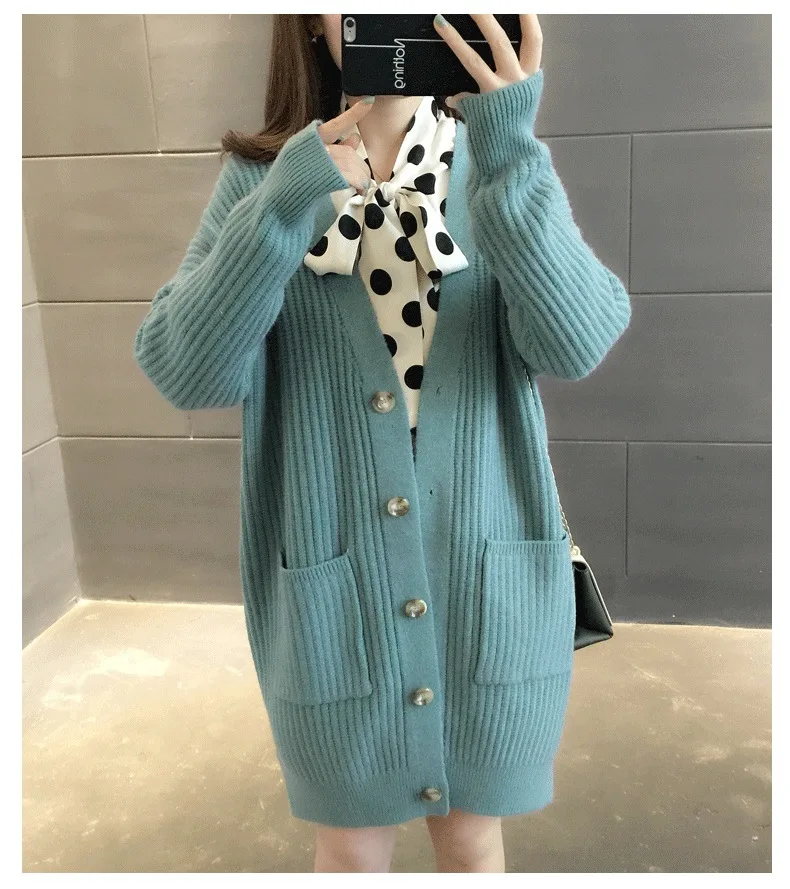 Autumn Winter Ladies Warm Thick Long Sweater Jacket Loose Casual Female Women V-Neck Knitted Cardigan Sweater Coat Outwear